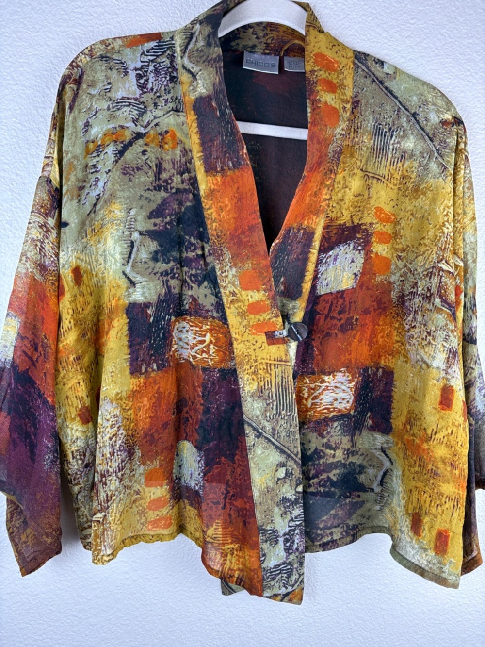 Chico's 100% Silk Kimono Haori Jacket Button Art Japanese Size S/M